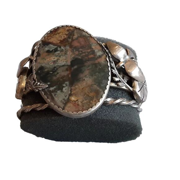 Large Oval Picture Agate Silver Bracelet Bird Floral Signed...